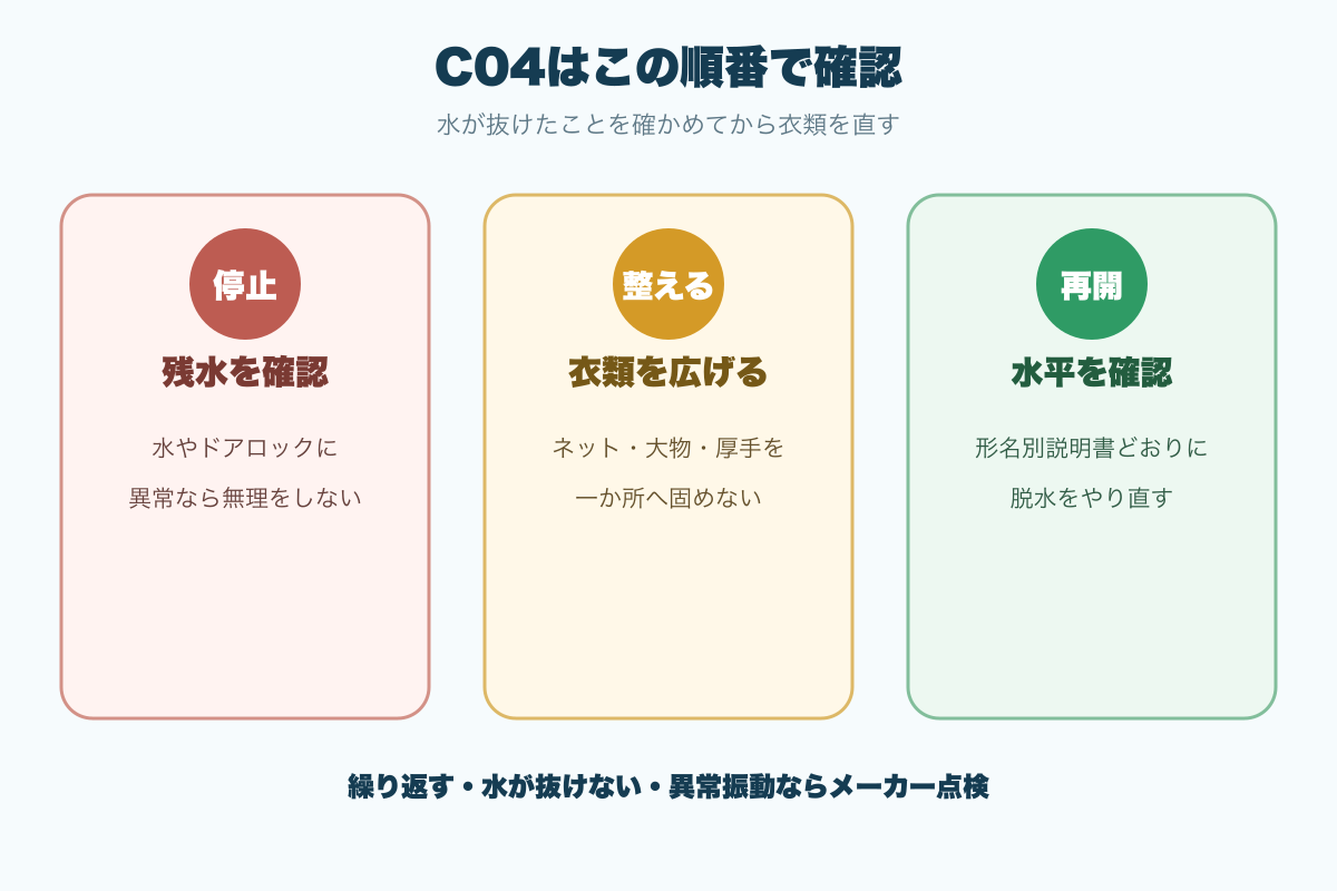 日立C04で残水確認から衣類の片寄りと水平を直す流れ