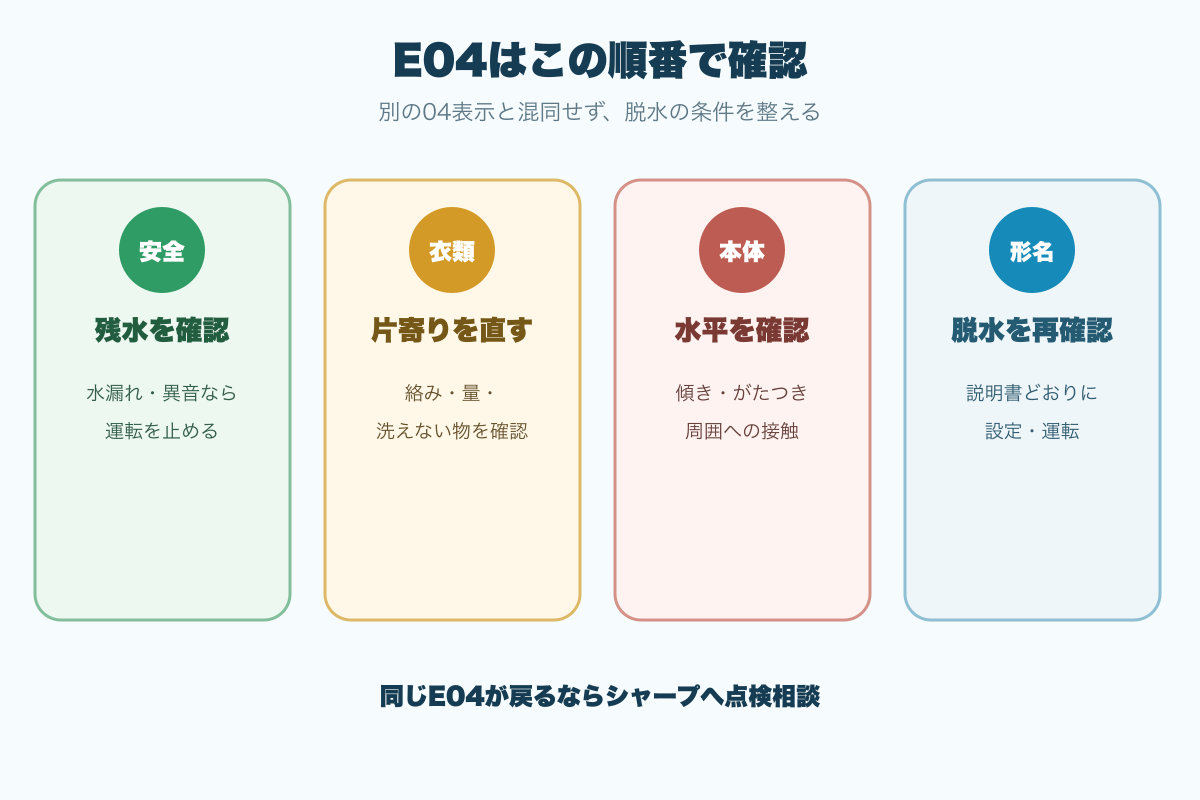 シャープE04で残水から衣類と本体と形名別設定を確認する流れ
