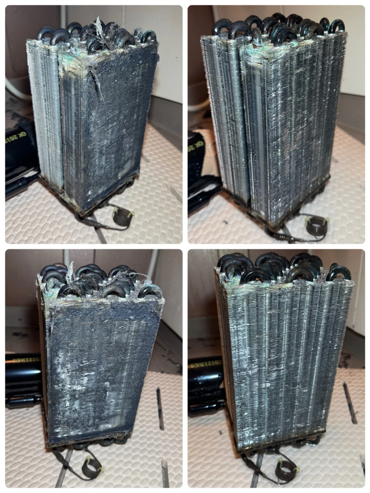 取り外したヒートポンプ熱交換器の清掃前と清掃後の比較