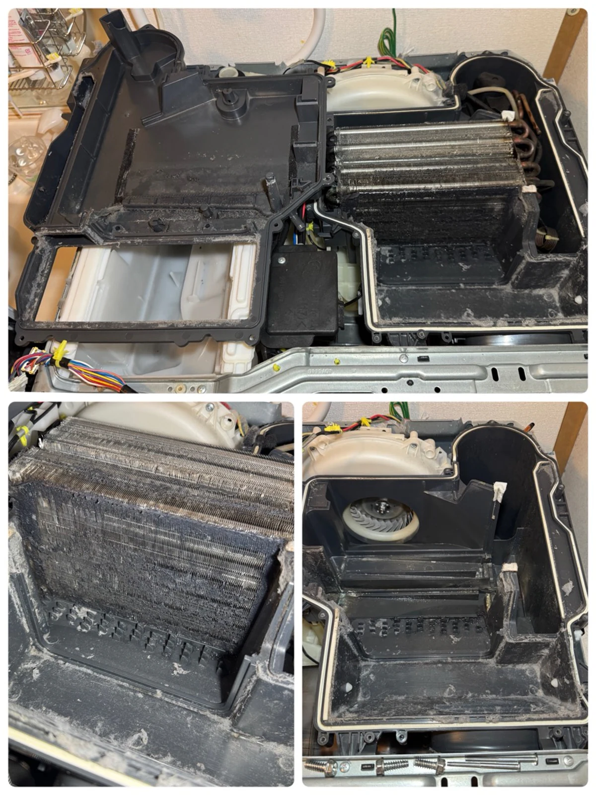 ヒートポンプと熱交換器にホコリが詰まった清掃前の写真